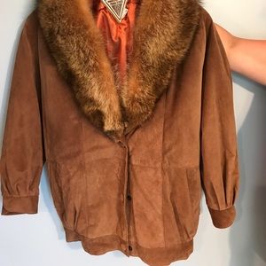 Vintage leather and fox fur collar brown jacket